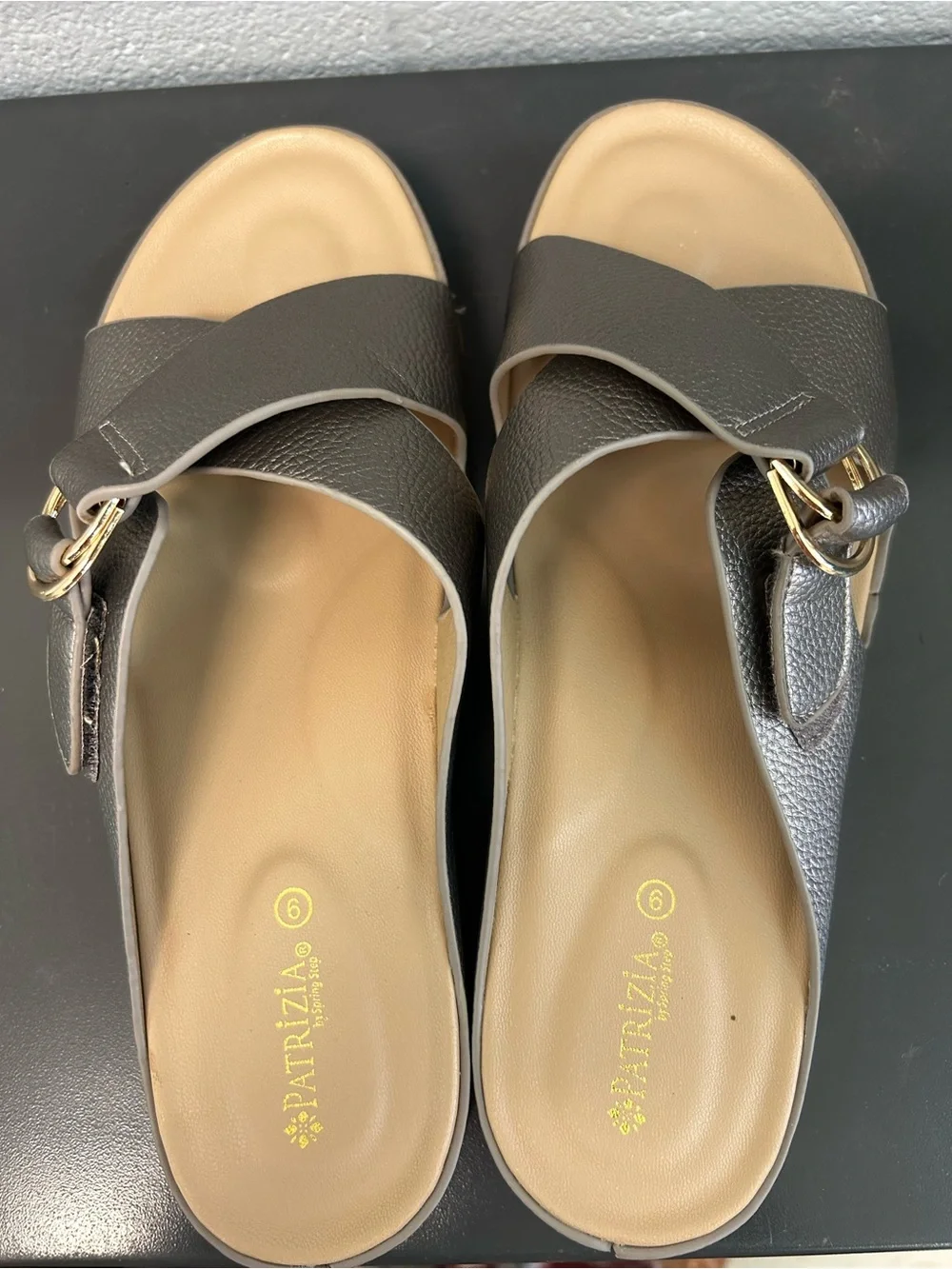 Patrizia by Spring Step Rutha Metallic Taupe Slide Sandal with Gold Buckle 9